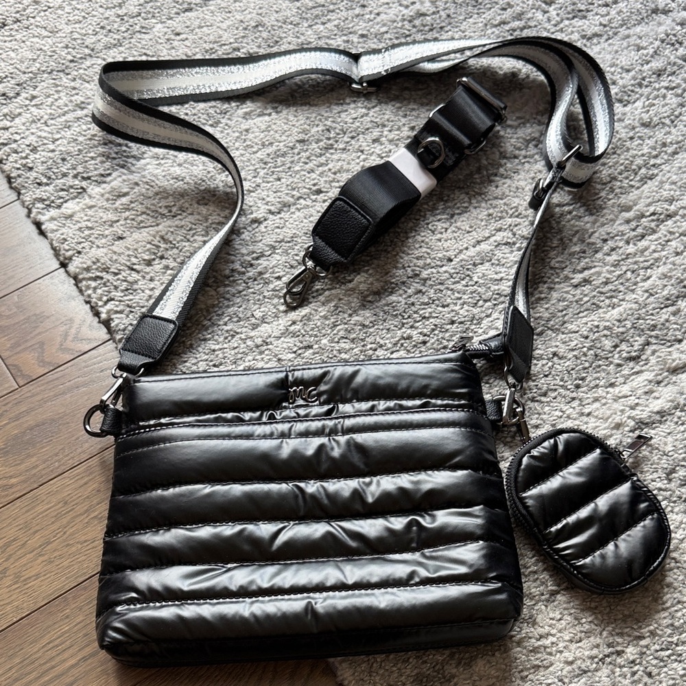 MC Black Quilted Nylon Crossbody with Detachable Strap and Coin Pouch